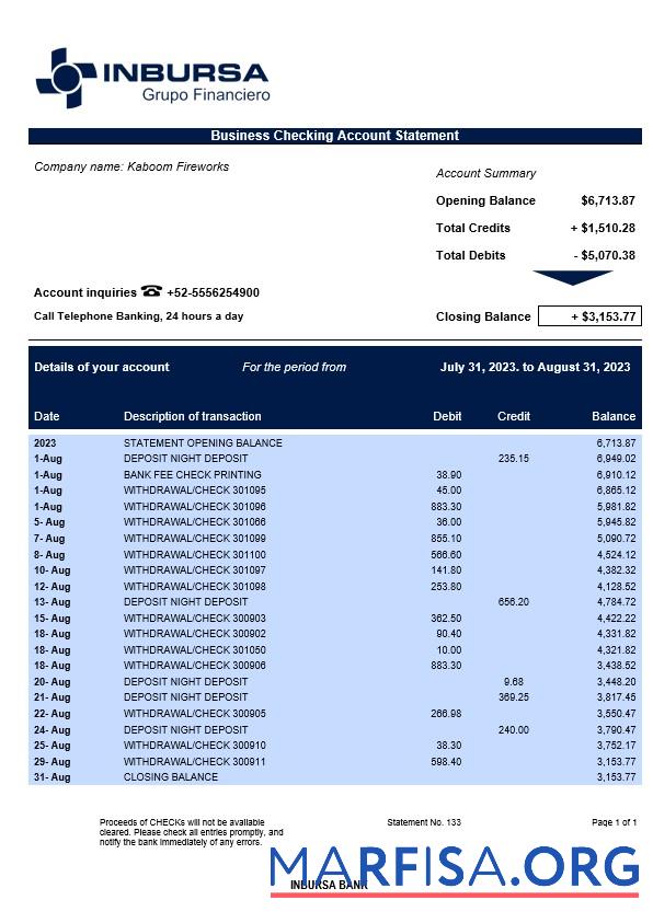 Realistic Inbursa Bank company checking account statement Word and PDF template